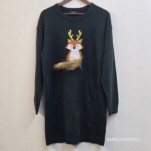 Brave Soul London Green Fox Applique Faux Fur Sweater‎ Dress Womens L